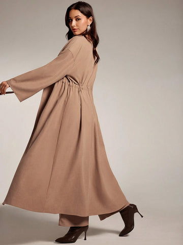 Women 2pcs Set Solid Color Tie Waist Long Sleeve Top And Pants, Elegant