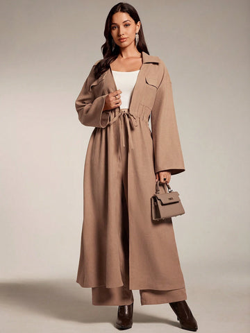 Women 2pcs Set Solid Color Tie Waist Long Sleeve Top And Pants, Elegant