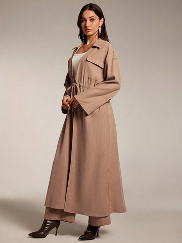 Women 2pcs Set Solid Color Tie Waist Long Sleeve Top And Pants, Elegant