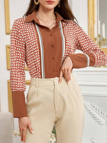 Modely Women Casual Color Block Circle Print Shirt, Fall