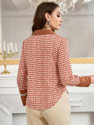 Modely Women Casual Color Block Circle Print Shirt, Fall
