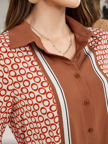 Modely Women Casual Color Block Circle Print Shirt, Fall