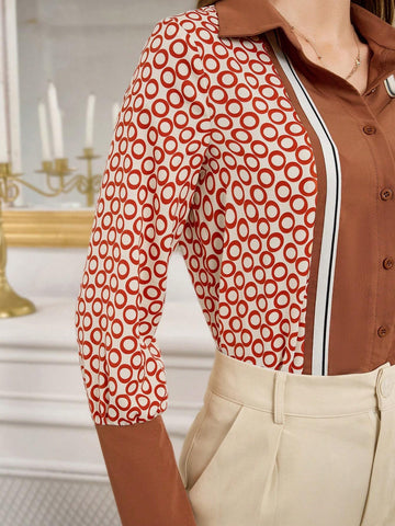 Modely Women Casual Color Block Circle Print Shirt, Fall