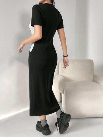 Women Contrast Trim Hollow Out Round Neck Short Sleeve Short A-Line Dress Elegant Spring/Autumn For Casual Daily/Travel/Holiday/Vacation/Parties SKU: sz2407019209272324