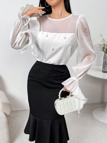 Modely Women Elegant Diamond Decor Ruffle Sleeve Blouse