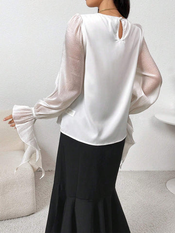 Modely Women Elegant Diamond Decor Ruffle Sleeve Blouse