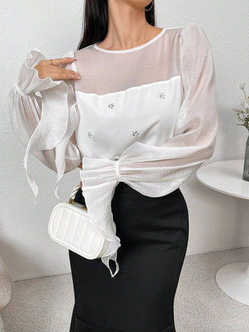 Modely Women Elegant Diamond Decor Ruffle Sleeve Blouse