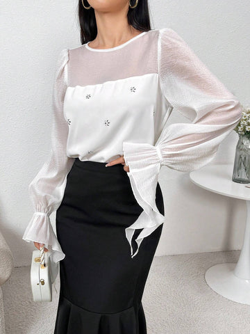 Modely Women Elegant Diamond Decor Ruffle Sleeve Blouse