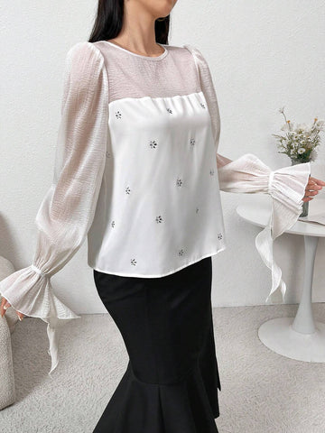 Modely Women Elegant Diamond Decor Ruffle Sleeve Blouse