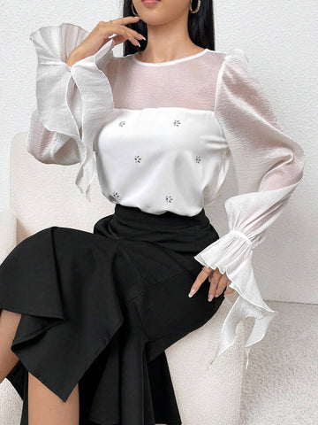 Modely Women Elegant Diamond Decor Ruffle Sleeve Blouse