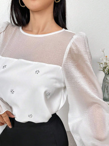 Modely Women Elegant Diamond Decor Ruffle Sleeve Blouse