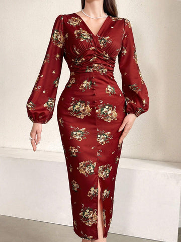Women\ Elegant Floral Print V-Neck Side Slit Maxi Dress