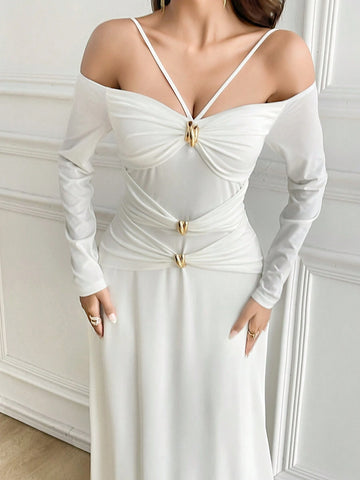 Women Elegant Solid Color Cold-Shoulder Dress, Spring/Fall