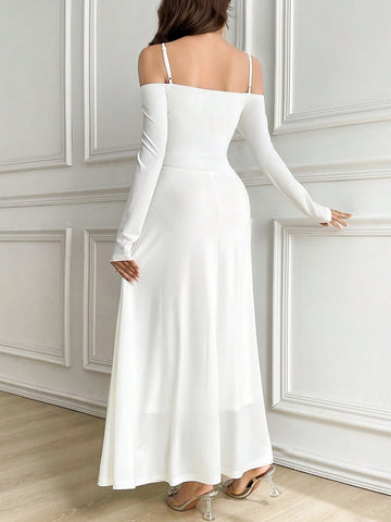 Women Elegant Solid Color Cold-Shoulder Dress, Spring/Fall
