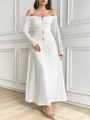Women Elegant Solid Color Cold-Shoulder Dress, Spring/Fall
