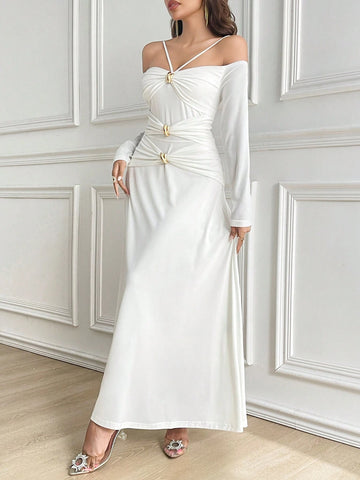 Women Elegant Solid Color Cold-Shoulder Dress, Spring/Fall