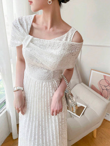 Women Elegant Solid Color Lace Asymmetrical Neckline Gathering Waist Ruffle Hem Maxi