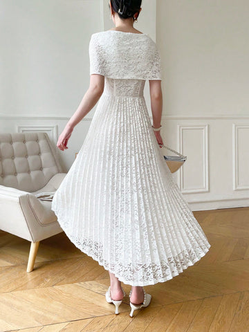 Women Elegant Solid Color Lace Asymmetrical Neckline Gathering Waist Ruffle Hem Maxi