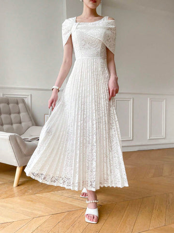 Women Elegant Solid Color Lace Asymmetrical Neckline Gathering Waist Ruffle Hem Maxi