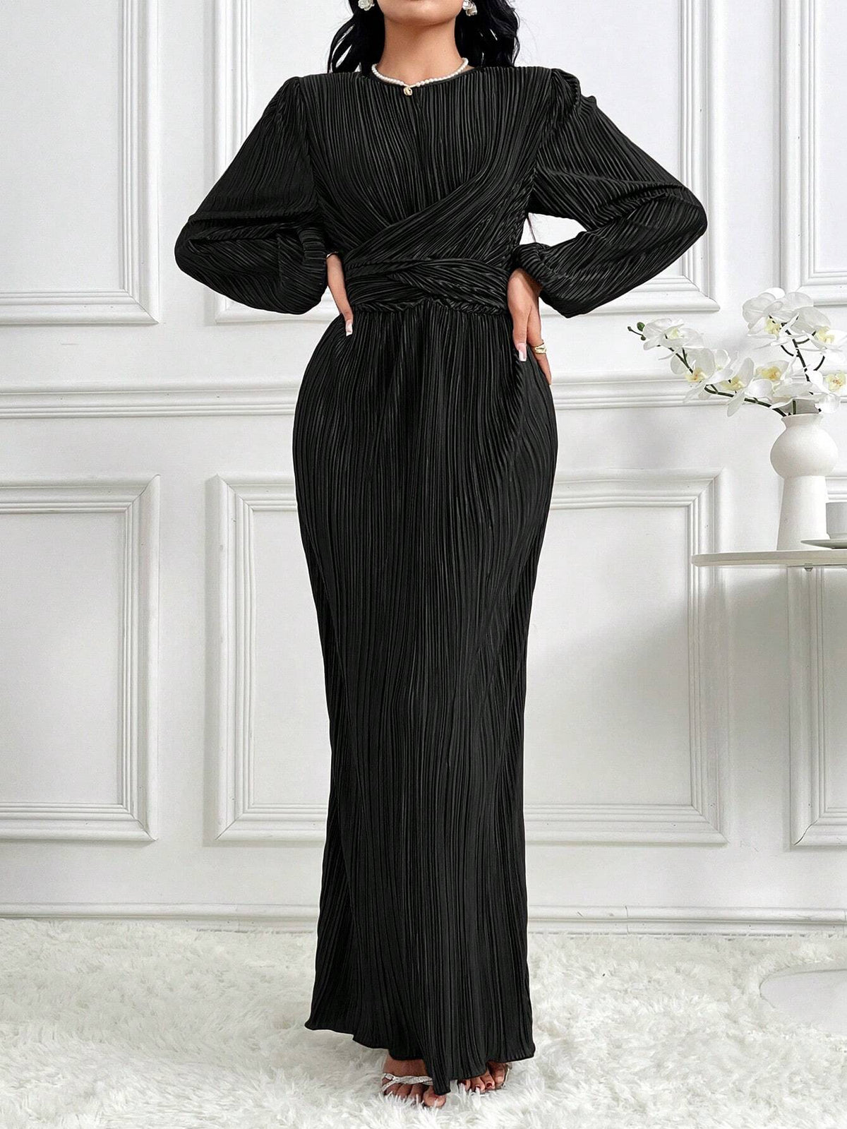 Women Elegant Solid Color Textured Lantern Sleeve Long Dress, Autumn