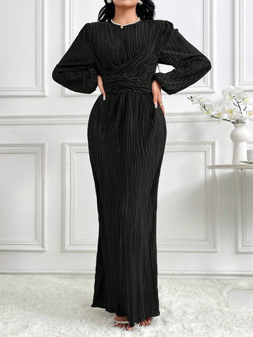 Women Elegant Solid Color Textured Lantern Sleeve Long Dress, Autumn