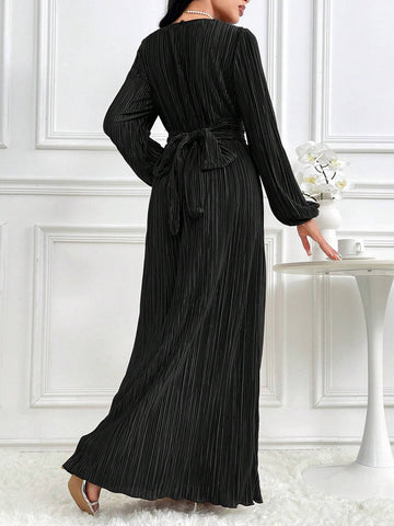 Women Elegant Solid Color Textured Lantern Sleeve Long Dress, Autumn