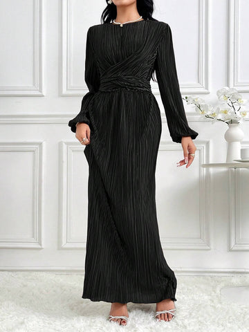 Women Elegant Solid Color Textured Lantern Sleeve Long Dress, Autumn