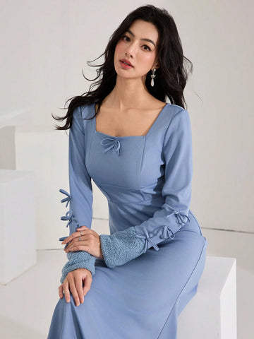 Women Fall/Winter Elegant Bow Decor Fish Tail Fitted Dress