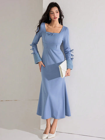 Women Fall/Winter Elegant Bow Decor Fish Tail Fitted Dress