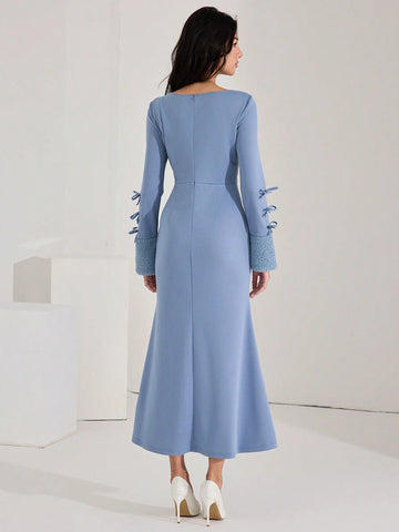 Women Fall/Winter Elegant Bow Decor Fish Tail Fitted Dress