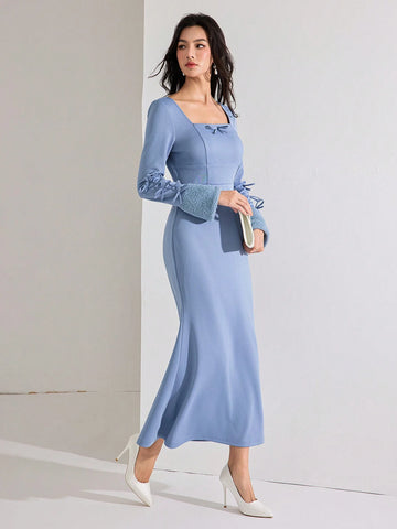 Women Fall/Winter Elegant Bow Decor Fish Tail Fitted Dress