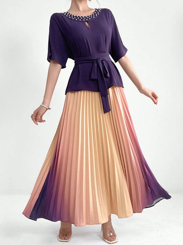 Women Faux Pearl Stud Collar Short Sleeve Top And Gradient Pleated Skirt Elegant Summer Two Piece Set