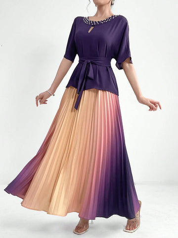 Women Faux Pearl Stud Collar Short Sleeve Top And Gradient Pleated Skirt Elegant Summer Two Piece Set