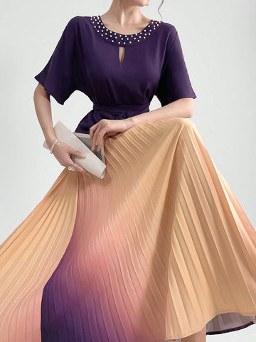 Women Faux Pearl Stud Collar Short Sleeve Top And Gradient Pleated Skirt Elegant Summer Two Piece Set