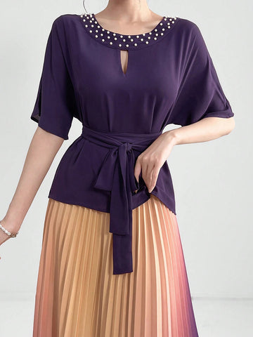 Women Faux Pearl Stud Collar Short Sleeve Top And Gradient Pleated Skirt Elegant Summer Two Piece Set