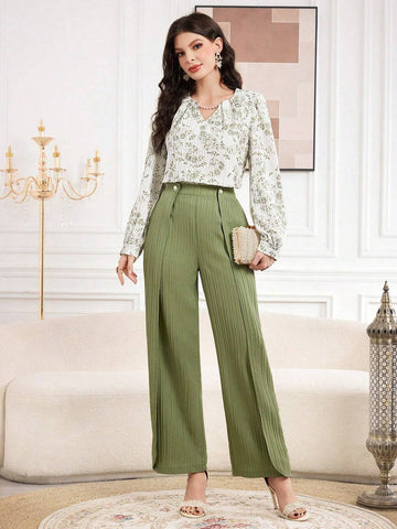 Modely Women Floral Print V-Neck Long Sleeve Elegant Blouse, Autumn