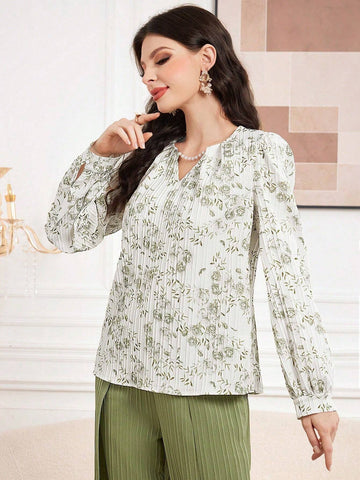 Modely Women Floral Print V-Neck Long Sleeve Elegant Blouse, Autumn