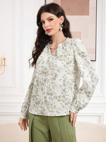 Modely Women Floral Print V-Neck Long Sleeve Elegant Blouse, Autumn