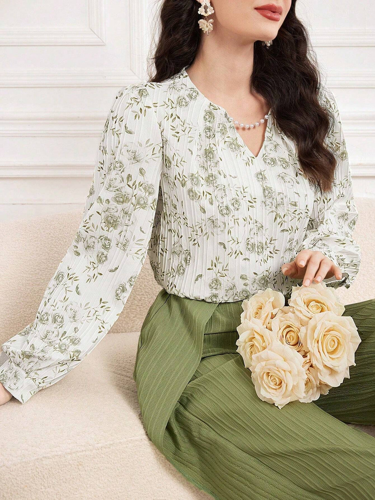 Modely Women Floral Print V-Neck Long Sleeve Elegant Blouse, Autumn