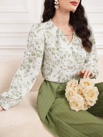 Modely Women Floral Print V-Neck Long Sleeve Elegant Blouse, Autumn