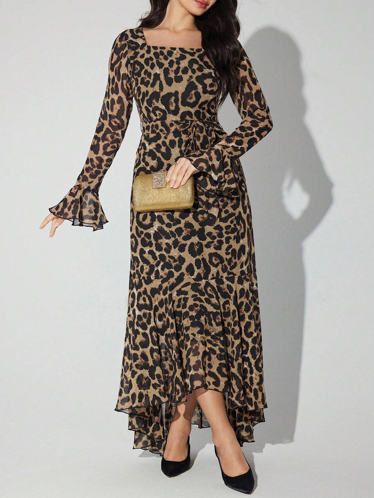 Women Leopard Print Boat Neck Elegant Long Sleeve Dress