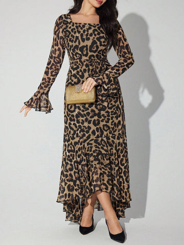 Women Leopard Print Boat Neck Elegant Long Sleeve Dress