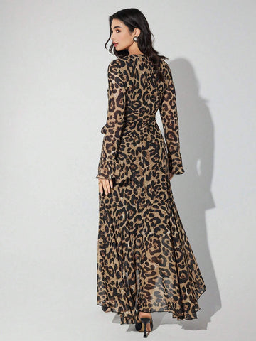 Women Leopard Print Boat Neck Elegant Long Sleeve Dress