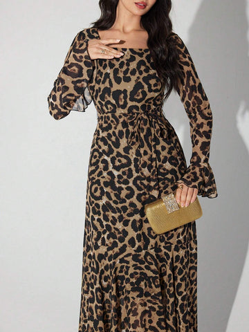 Women Leopard Print Boat Neck Elegant Long Sleeve Dress