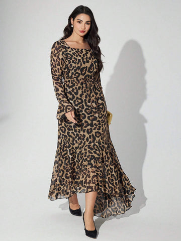 Women Leopard Print Boat Neck Elegant Long Sleeve Dress