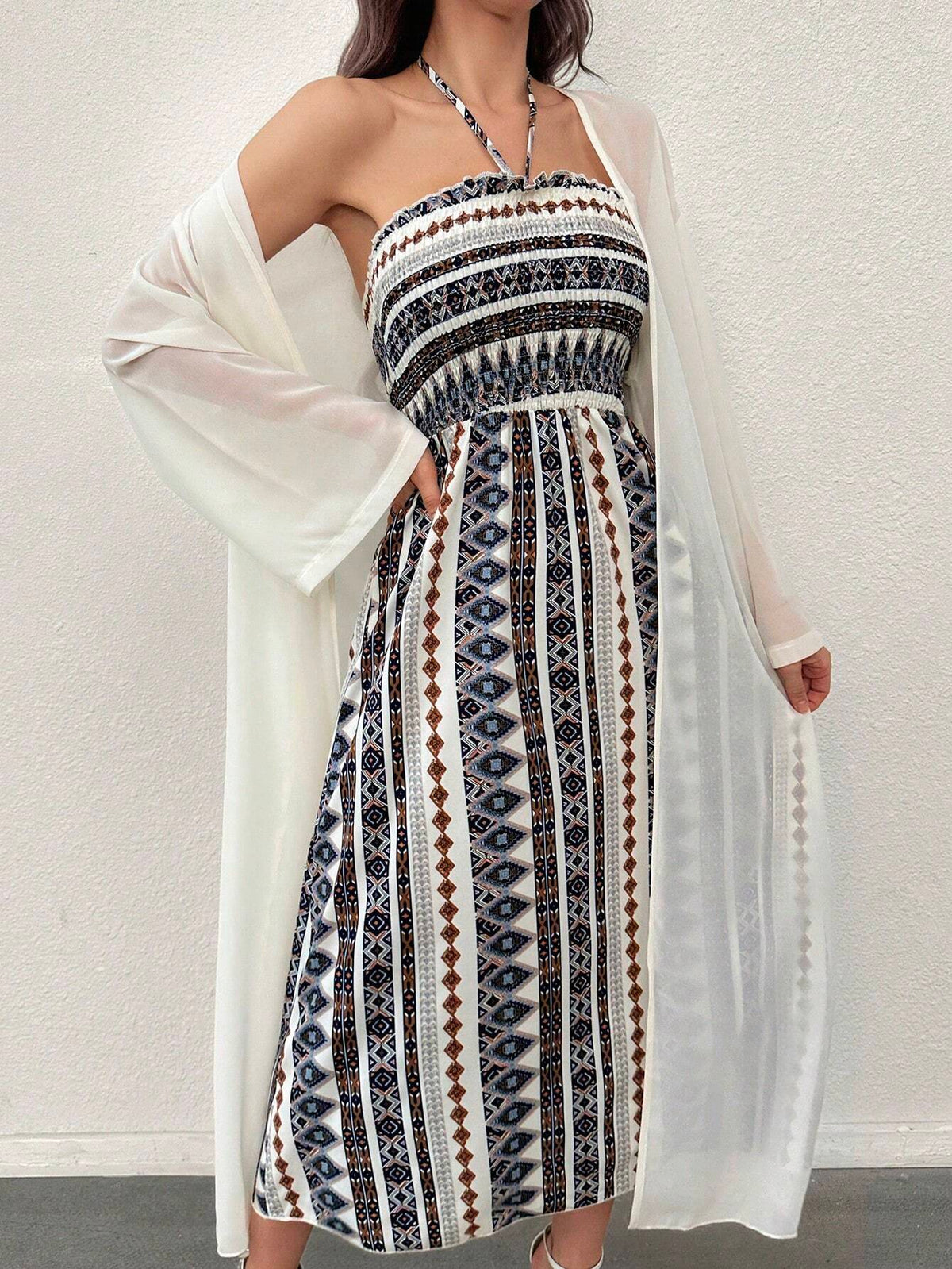 Women Long Sleeve Solid Color Open Front Kimono And Geometric Print Halter Wide Leg Jumpsuit 2 Piece Set