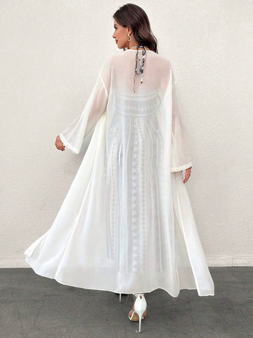 Women Long Sleeve Solid Color Open Front Kimono And Geometric Print Halter Wide Leg Jumpsuit 2 Piece Set