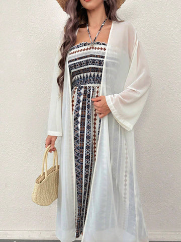 Women Long Sleeve Solid Color Open Front Kimono And Geometric Print Halter Wide Leg Jumpsuit 2 Piece Set