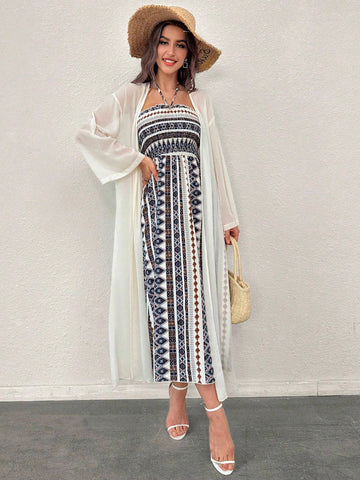 Women Long Sleeve Solid Color Open Front Kimono And Geometric Print Halter Wide Leg Jumpsuit 2 Piece Set