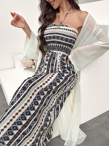Women Long Sleeve Solid Color Open Front Kimono And Geometric Print Halter Wide Leg Jumpsuit 2 Piece Set